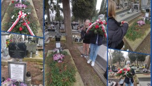 kolaż zdjęć dzieci z sp19 w lublinie składające kwiaty na grobie Czechowicza i jego matki