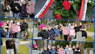 kolaż zdjęć dzieci skaldające kwiaty na grobie Czechowicza