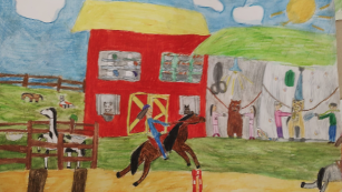 praca plastyczna rysunek pastele kowboj na koniu