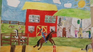 praca plastyczna rysunek pastele kowboj na koniu