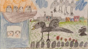 praca plastyczna na konkurs - reysunek kredkami świecowymi - ptaki