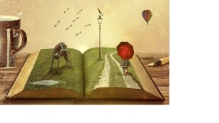 rysunek przedstawiający otwartą książkę po której chodzi pies i osoba z czerwonym parasolem