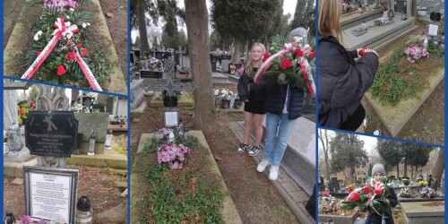 kolaż zdjęć dzieci z sp19 w lublinie składające kwiaty na grobie Czechowicza i jego matki