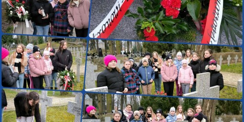 kolaż zdjęć dzieci skaldające kwiaty na grobie Czechowicza