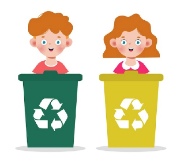 rysunel dzieci w koszach s logo recykling